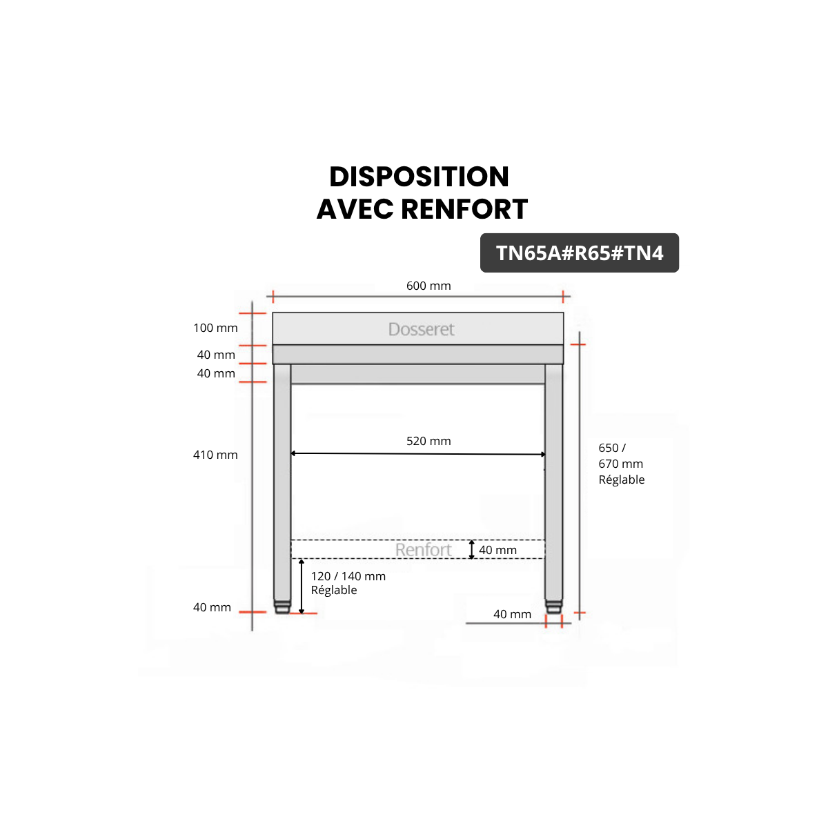 Table inox soubassement 600 x 500 mm adossée avec renfort / GOLDINOX