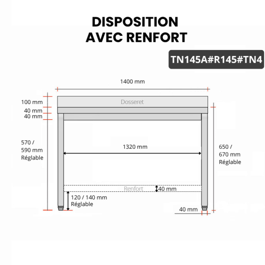 Table inox soubassement 1400 x 500 mm adossée avec renfort / GOLDINOX