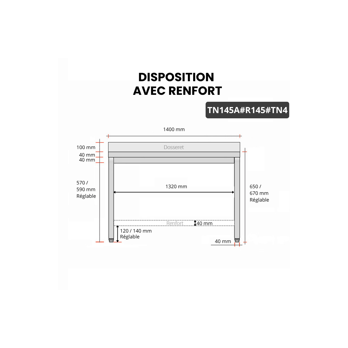 Table inox soubassement 1400 x 500 mm adossée avec renfort / GOLDINOX