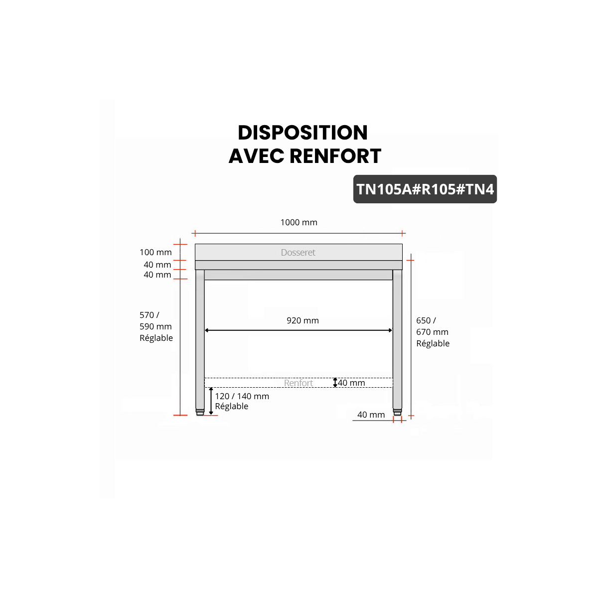 Table inox soubassement 800 x 500 mm adossée avec renfort / GOLDINOX