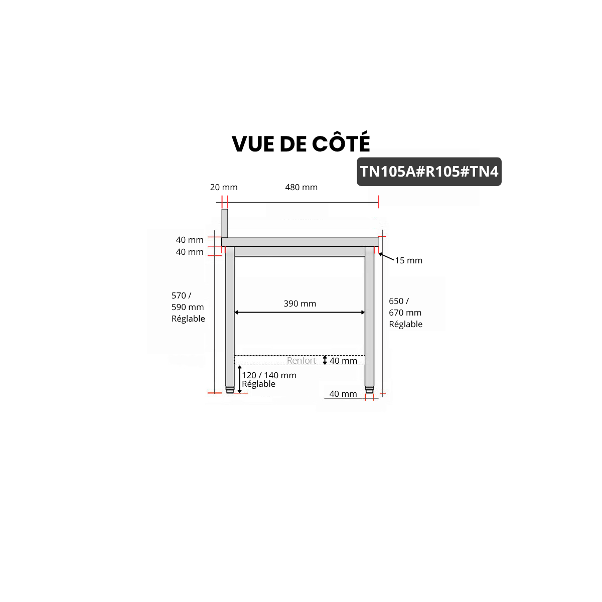 Table inox soubassement 800 x 500 mm adossée avec renfort / GOLDINOX