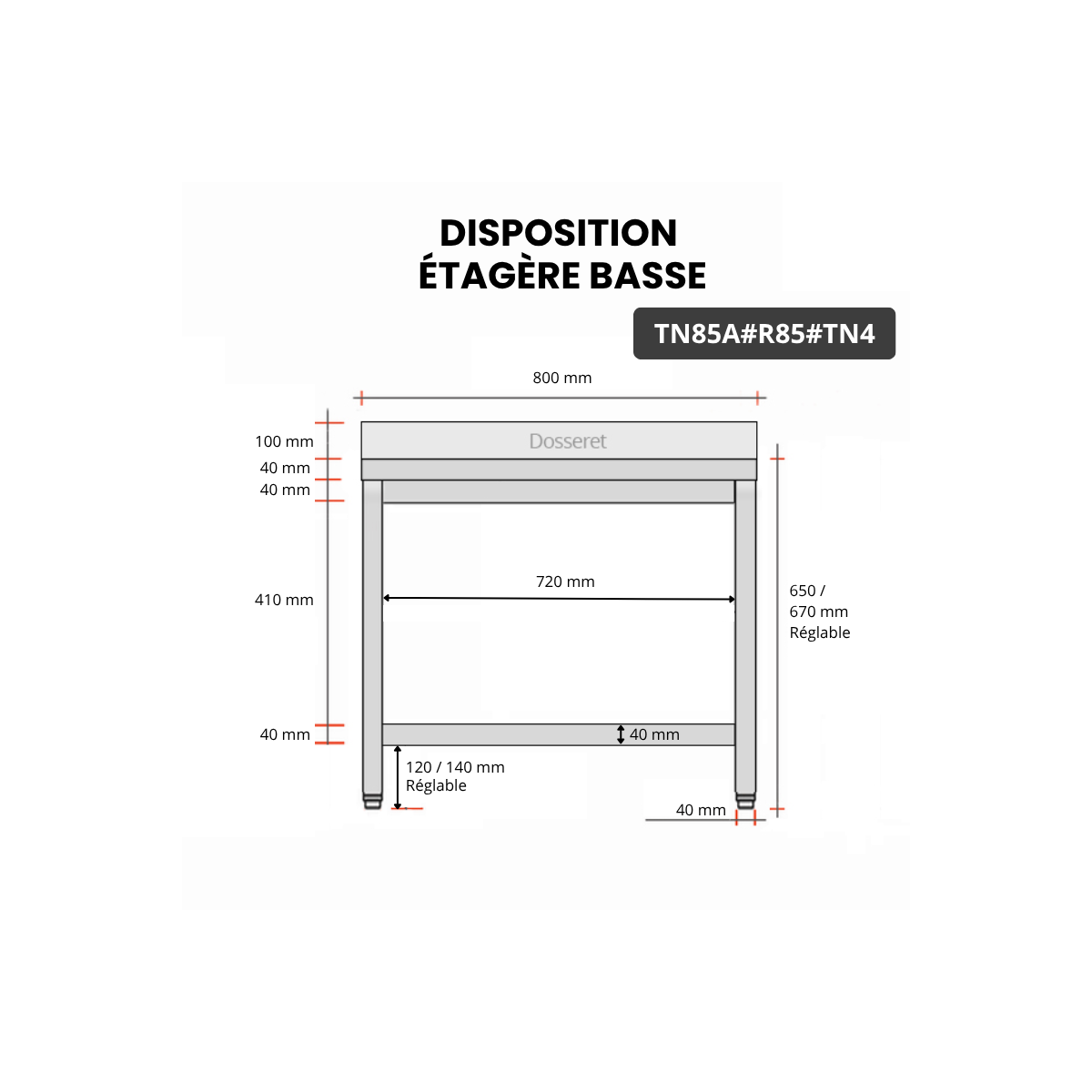 Table inox soubassement 700 x 500 mm adossée avec renfort / GOLDINOX