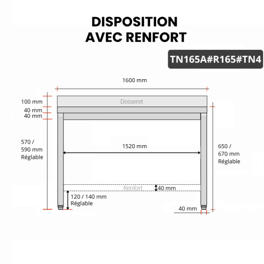 Table inox soubassement 1600 x 500 mm adossée avec renfort / GOLDINOX