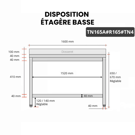 Table inox soubassement 1600 x 500 mm adossée avec renfort / GOLDINOX