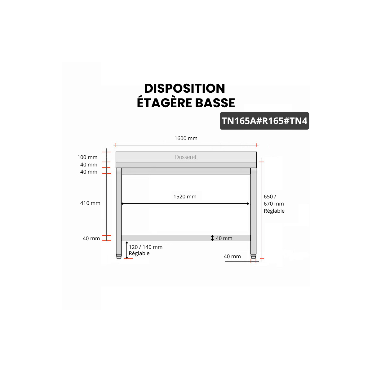 Table inox soubassement 1600 x 500 mm adossée avec renfort / GOLDINOX