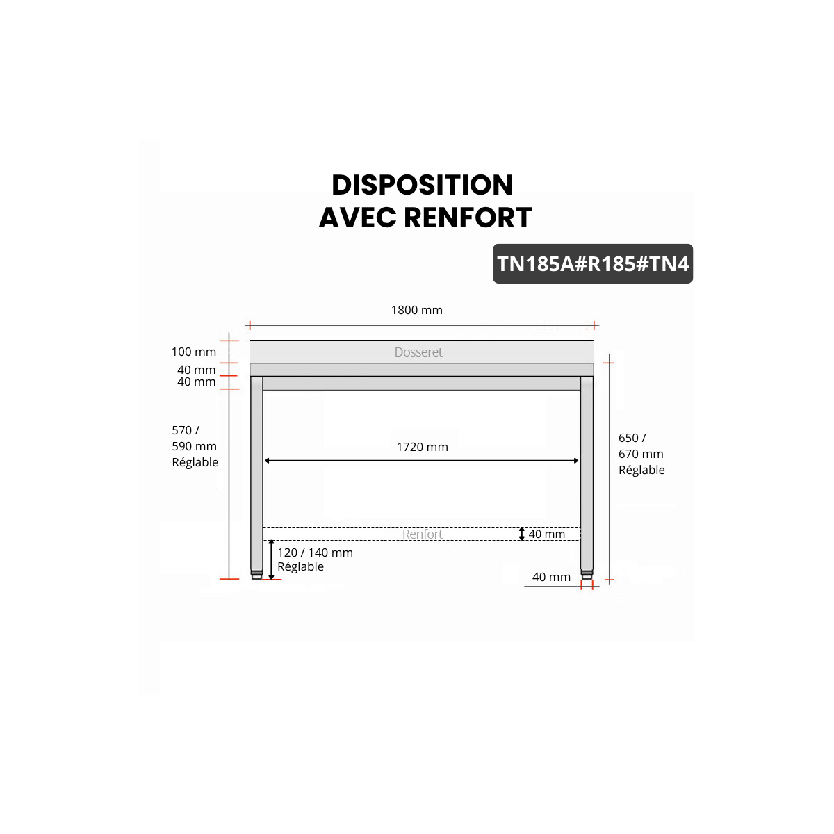 Table inox soubassement 1800 x 500 mm adossée avec renfort / GOLDINOX