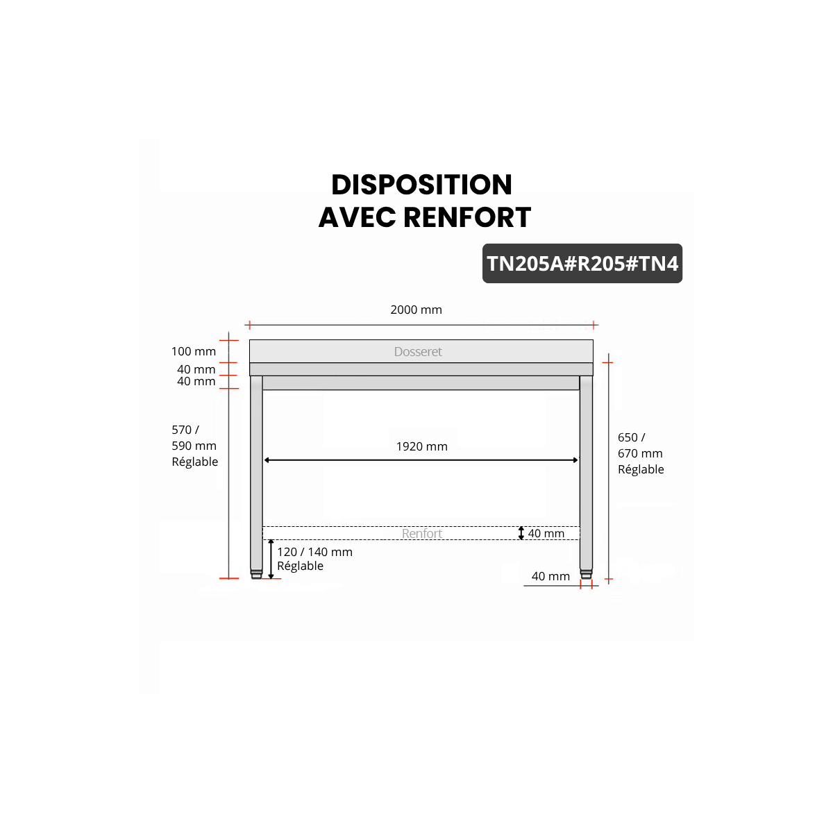 Table inox soubassement 2000 x 500 mm adossée avec renfort / GOLDINOX
