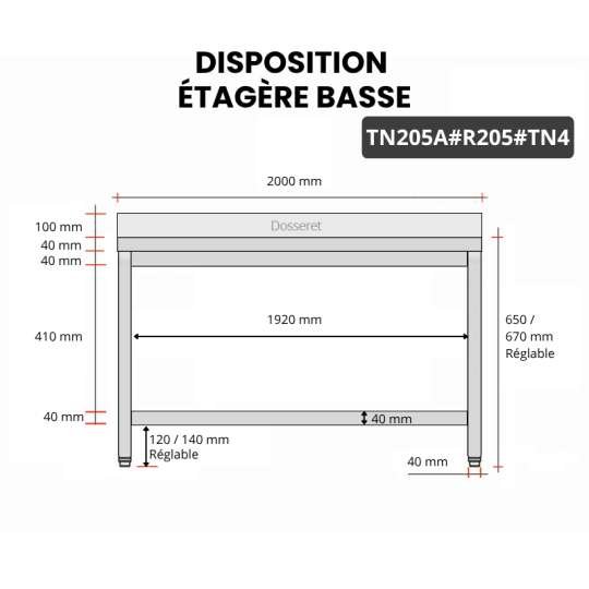 Table inox soubassement 2000 x 500 mm adossée avec renfort / GOLDINOX