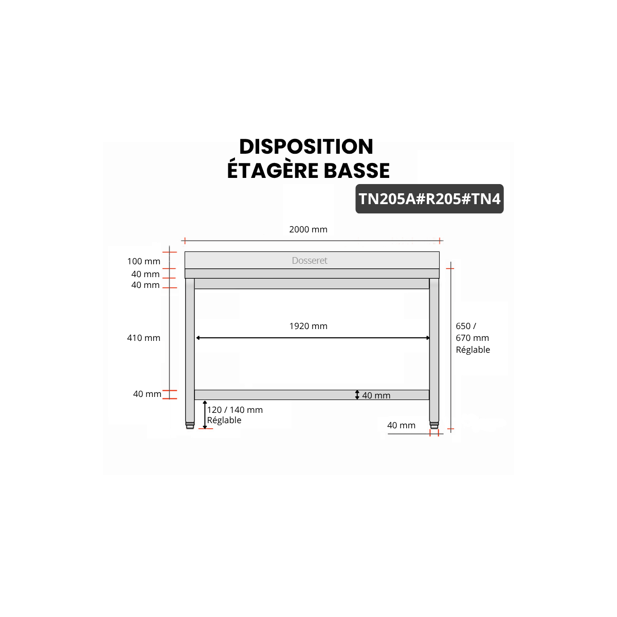 Table inox soubassement 2000 x 500 mm adossée avec renfort / GOLDINOX