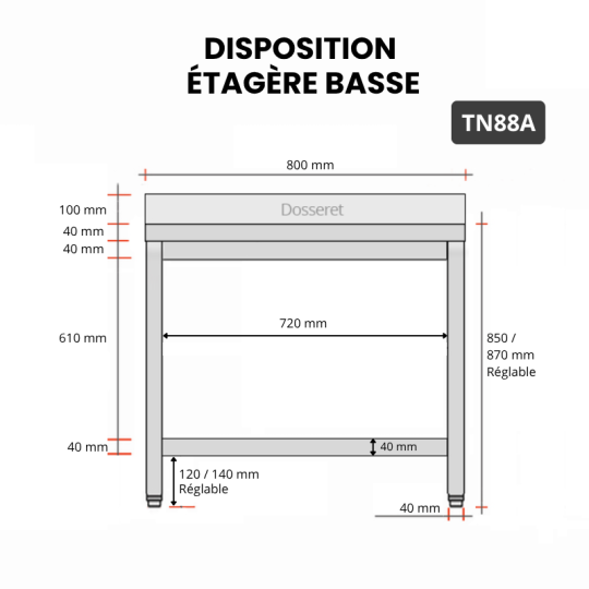Table inox 800 x 800 mm adossée / GOLDINOX