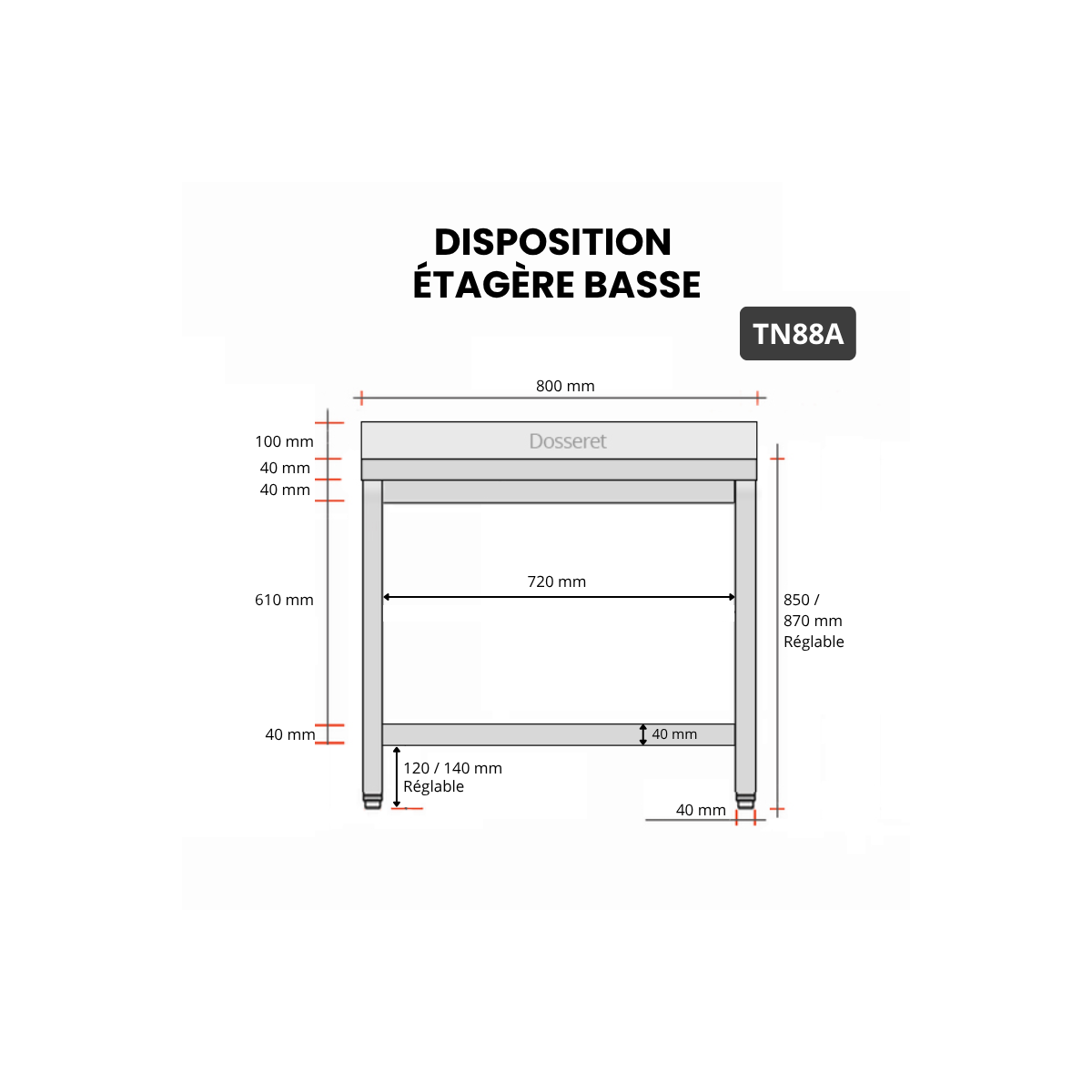 Table inox 800 x 800 mm adossée / GOLDINOX