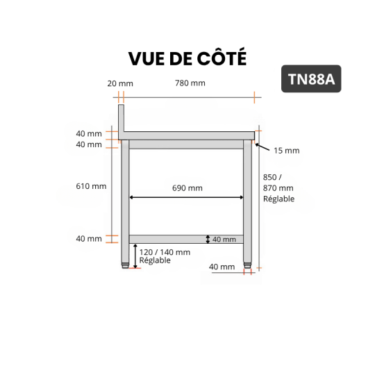 Table inox 800 x 800 mm adossée / GOLDINOX