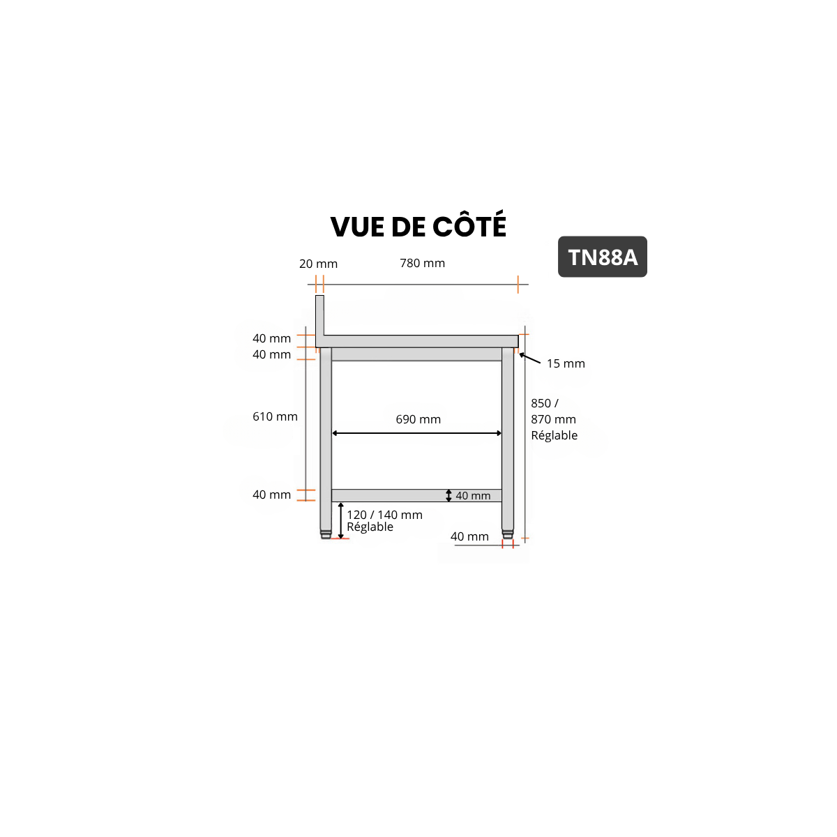 Table inox 800 x 800 mm adossée / GOLDINOX