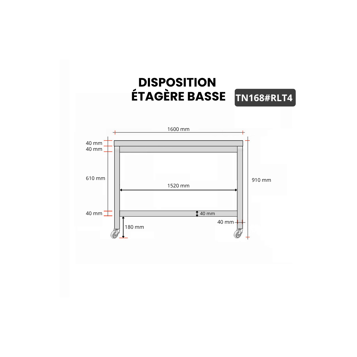 Table inox 1600 x 800 mm sur roulettes / GOLDINOX