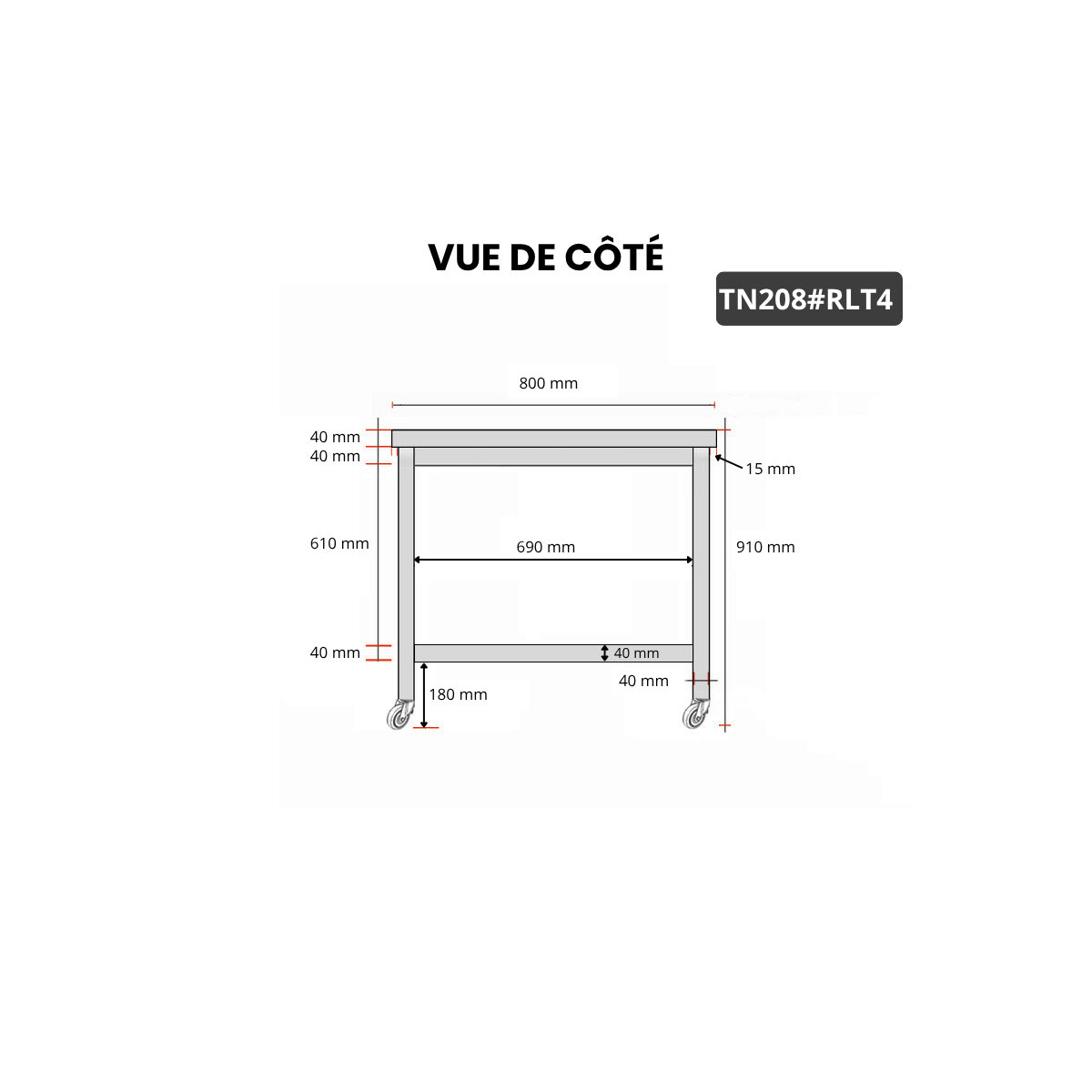 Table inox 2000 x 800 mm sur roulettes / GOLDINOX