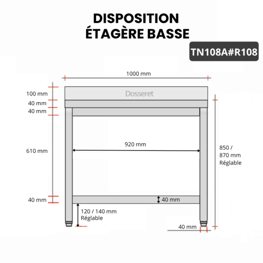 Table inox 1000 x 800 mm adossée avec renfort / GOLDINOX