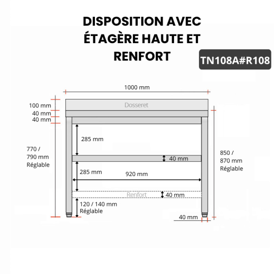Table inox 1000 x 800 mm adossée avec renfort / GOLDINOX