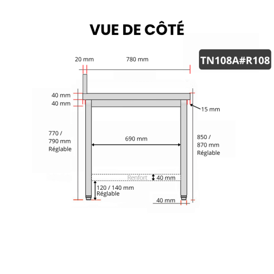 Table inox 1000 x 800 mm adossée avec renfort / GOLDINOX
