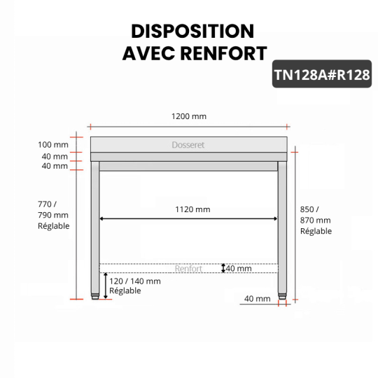 Table inox 1200 x 800 mm adossée avec renfort / GOLDINOX