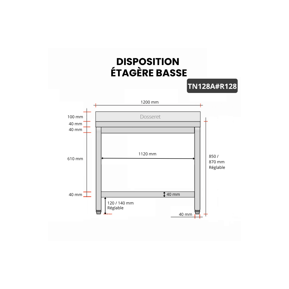 Table inox 1200 x 800 mm adossée avec renfort / GOLDINOX
