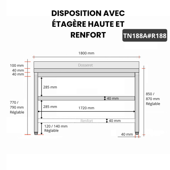 Table inox 1800 x 800 mm adossée avec renfort / GOLDINOX