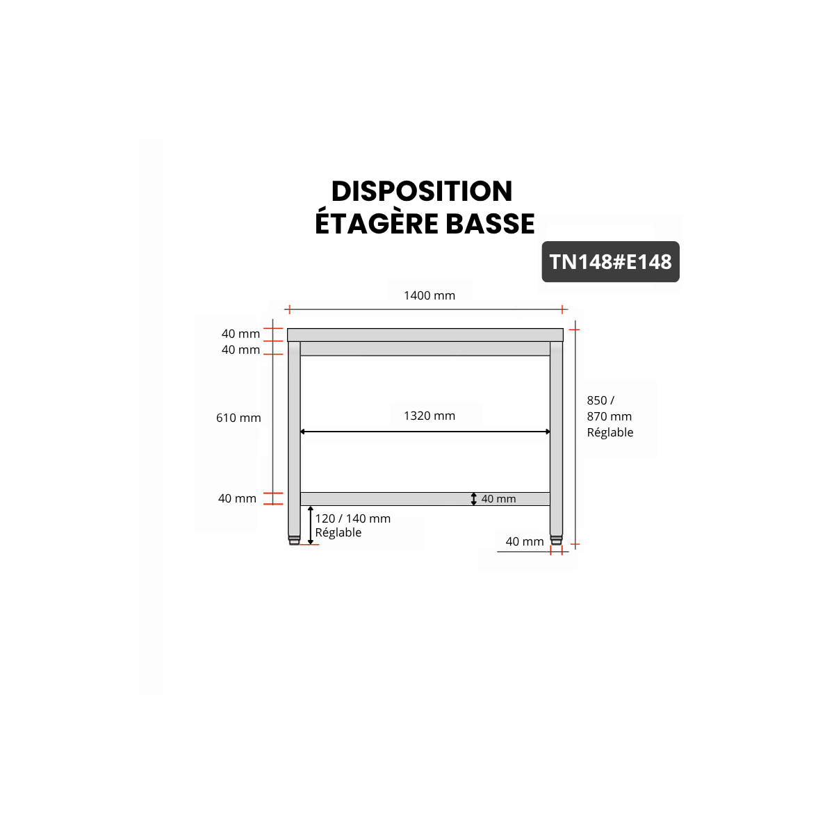 Table inox 1400 x 800 mm avec 2 étagères / GOLDINOX