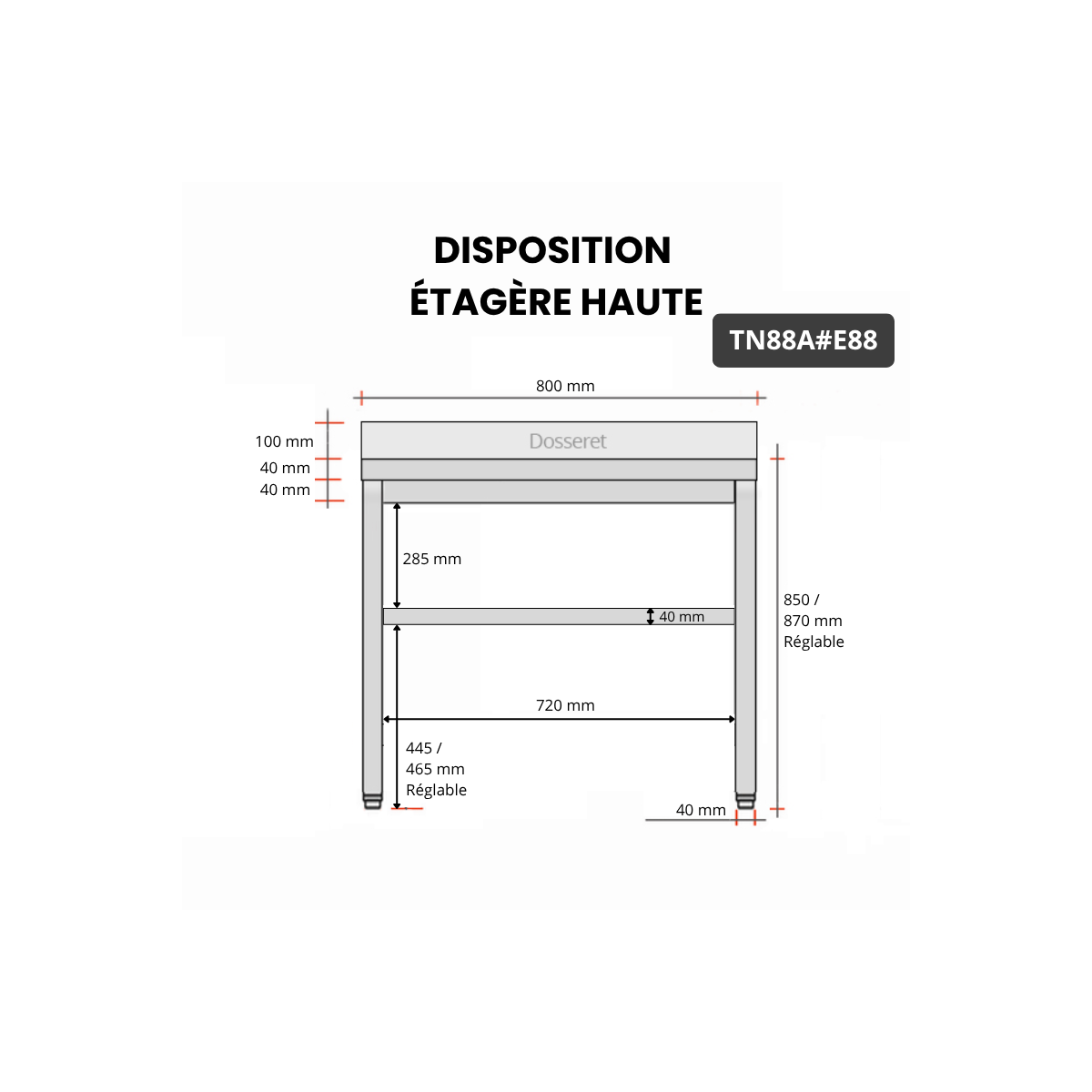 Table inox 800 x 800 mm adossée avec 2 étagères / GOLDINOX