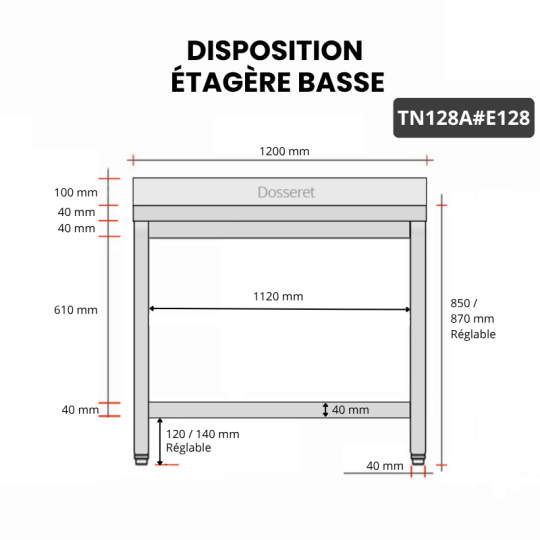 Table inox 1200 x 800 mm adossée avec 2 étagères / GOLDINOX