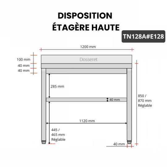 Table inox 1200 x 800 mm adossée avec 2 étagères / GOLDINOX