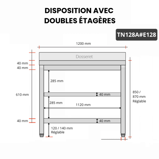 Table inox 1200 x 800 mm adossée avec 2 étagères / GOLDINOX