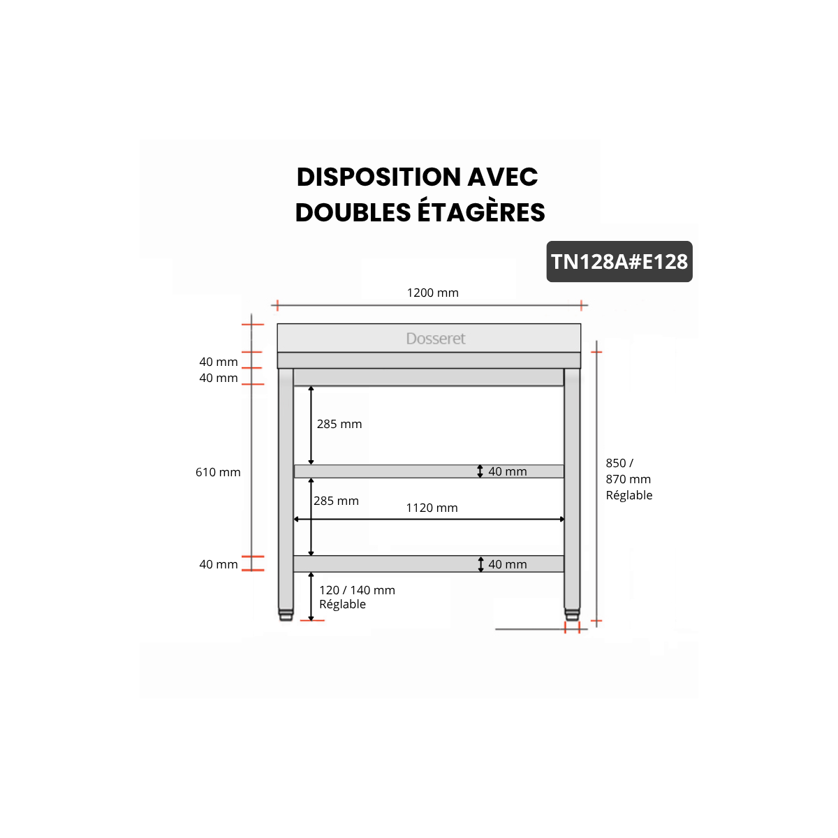 Table inox 1200 x 800 mm adossée avec 2 étagères / GOLDINOX