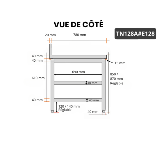 Table inox 1200 x 800 mm adossée avec 2 étagères / GOLDINOX