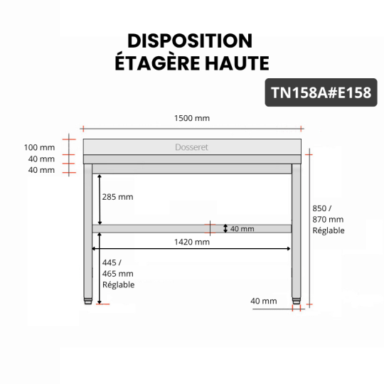 Table inox 1500 x 800 mm adossée avec 2 étagères / GOLDINOX