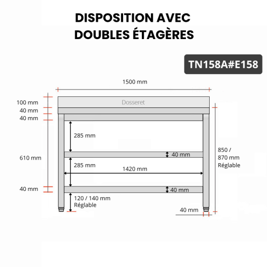 Table inox 1500 x 800 mm adossée avec 2 étagères / GOLDINOX