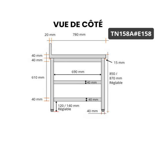 Table inox 1500 x 800 mm adossée avec 2 étagères / GOLDINOX