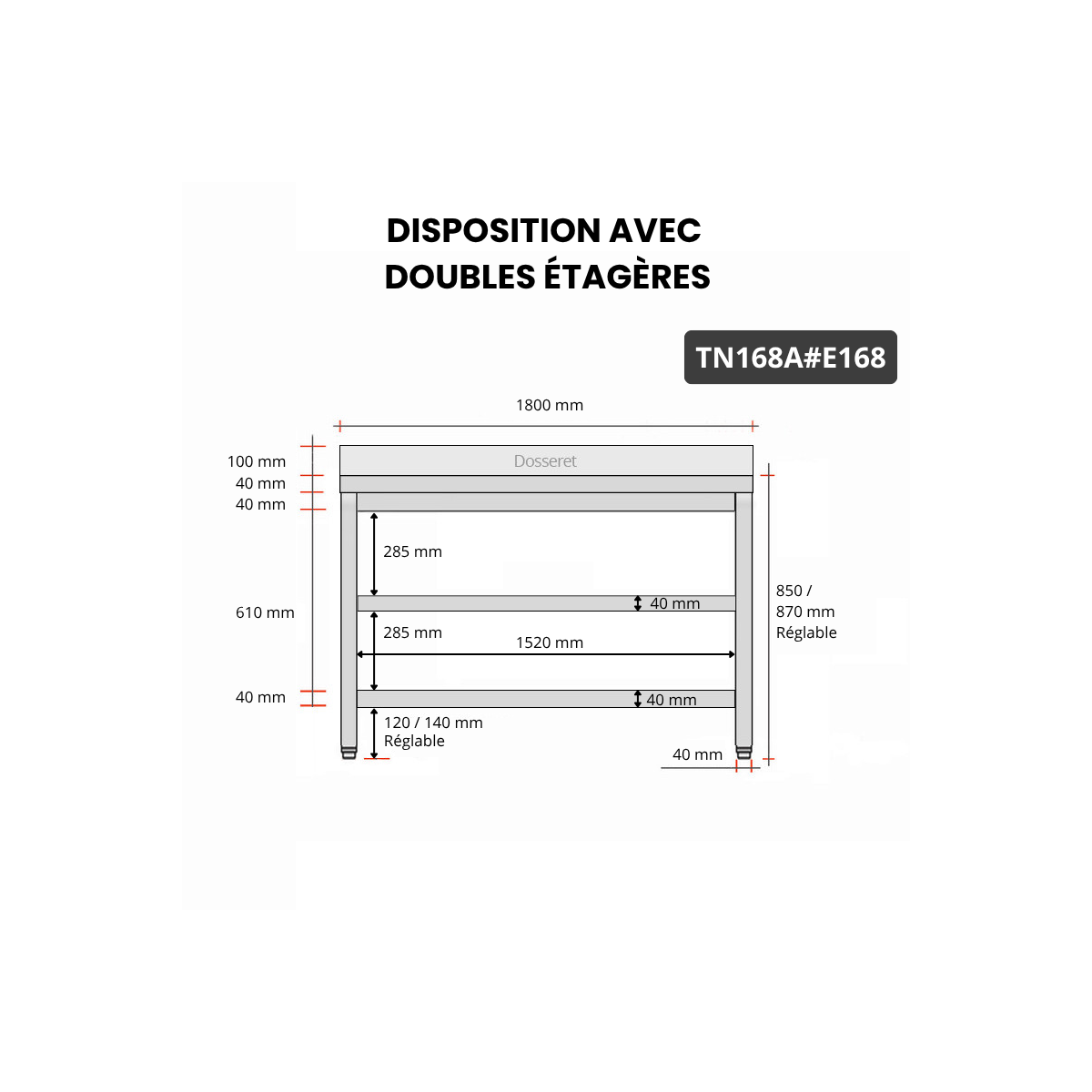 Table inox 1600 x 800 mm adossée avec 2 étagères / GOLDINOX