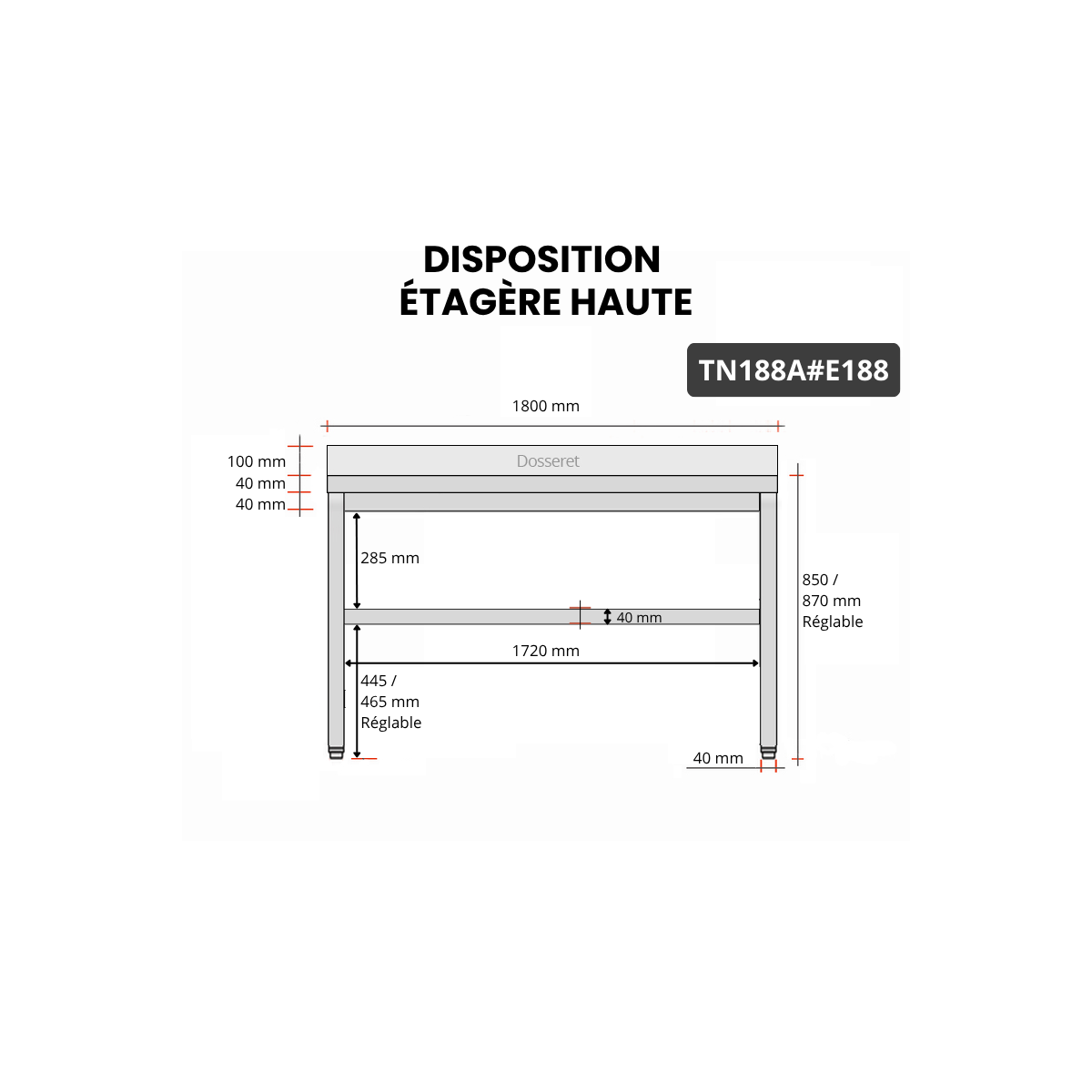 Table inox 1800 x 800 mm adossée avec 2 étagères / GOLDINOX
