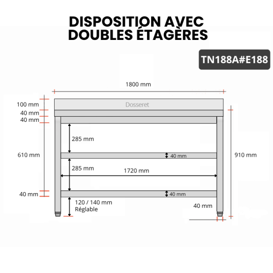 Table inox 1800 x 800 mm adossée avec 2 étagères / GOLDINOX