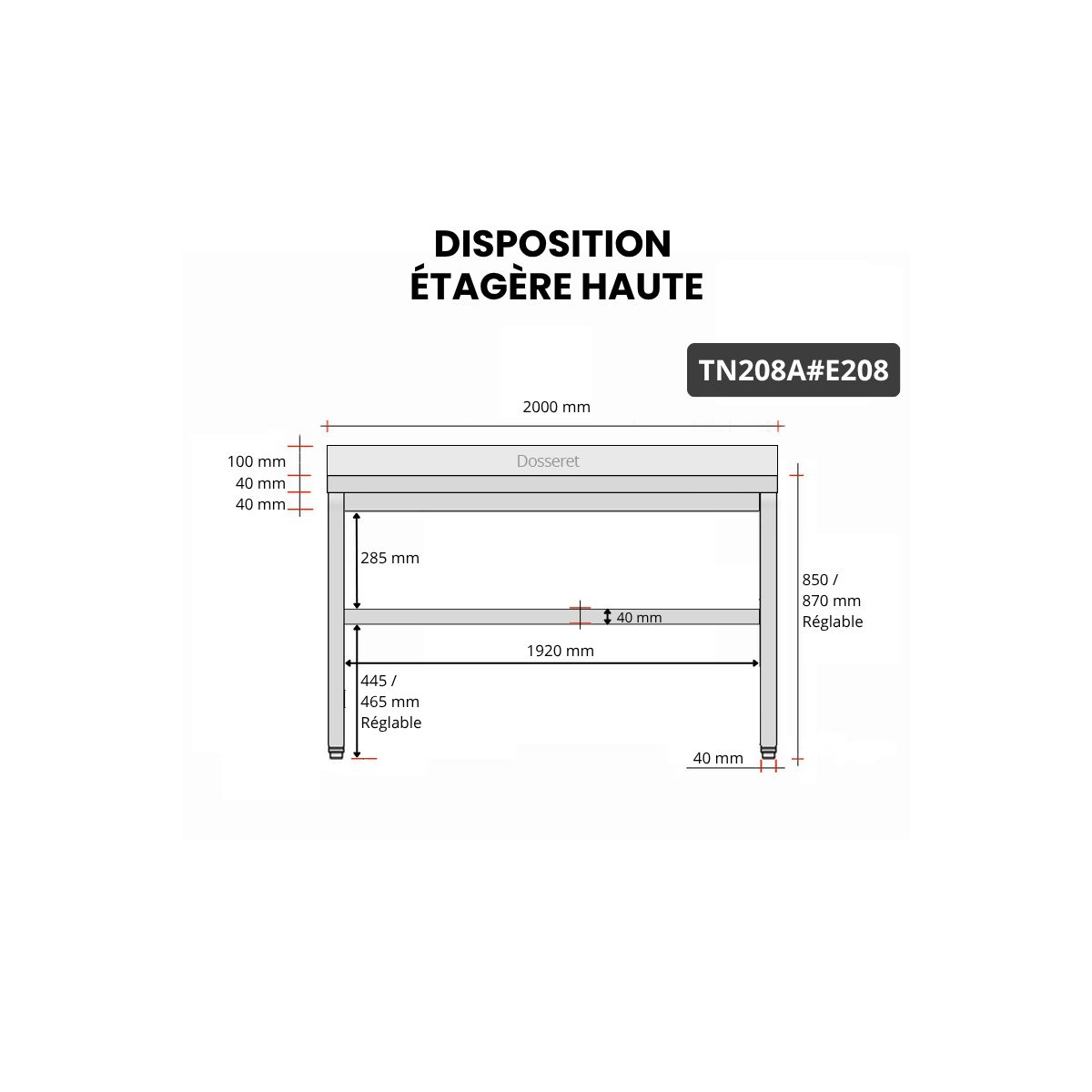 Table inox 2000 x 800 mm adossée avec 2 étagères / GOLDINOX