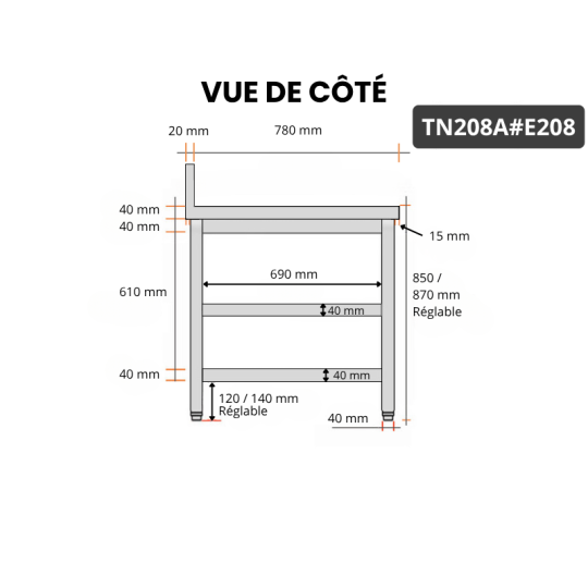 Table inox 2000 x 800 mm adossée avec 2 étagères / GOLDINOX