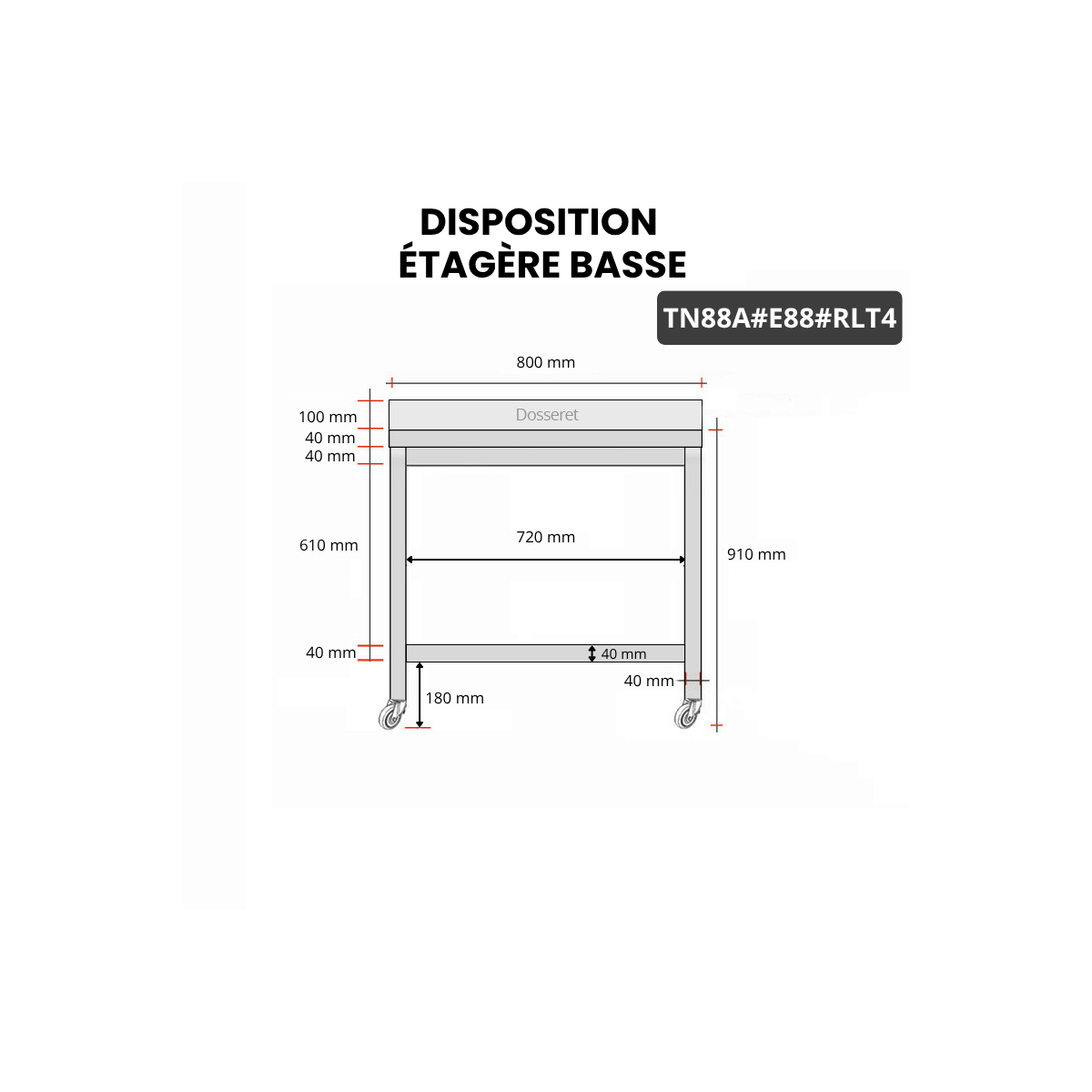 Table inox 800 x 800 mm adossée avec 2 étagères sur roulettes / GOLDINOX