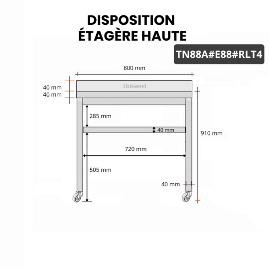 Table inox 800 x 800 mm adossée avec 2 étagères sur roulettes / GOLDINOX