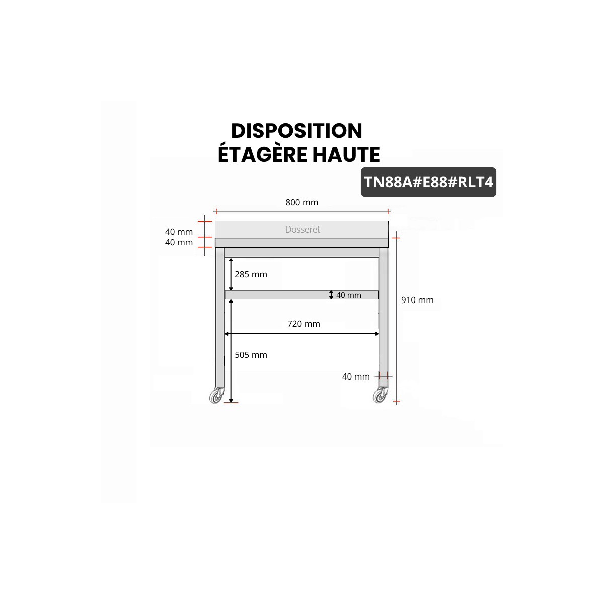 Table inox 800 x 800 mm adossée avec 2 étagères sur roulettes / GOLDINOX