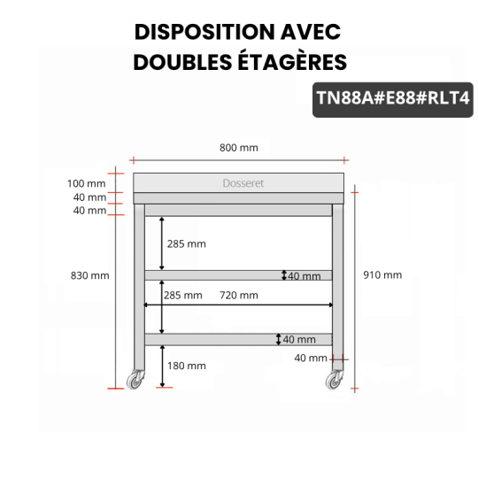 Table inox 800 x 800 mm adossée avec 2 étagères sur roulettes / GOLDINOX