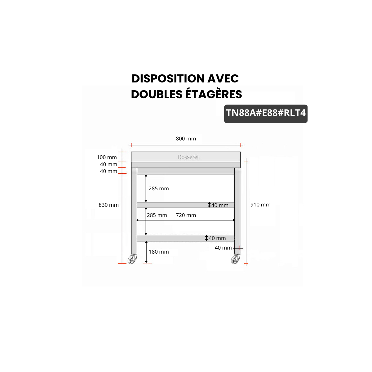 Table inox 800 x 800 mm adossée avec 2 étagères sur roulettes / GOLDINOX