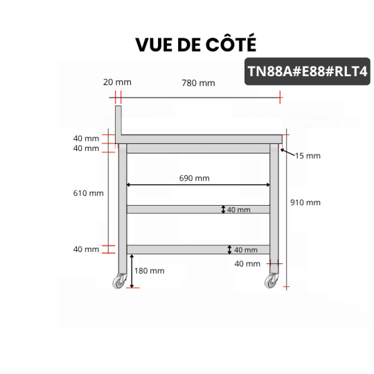 Table inox 800 x 800 mm adossée avec 2 étagères sur roulettes / GOLDINOX