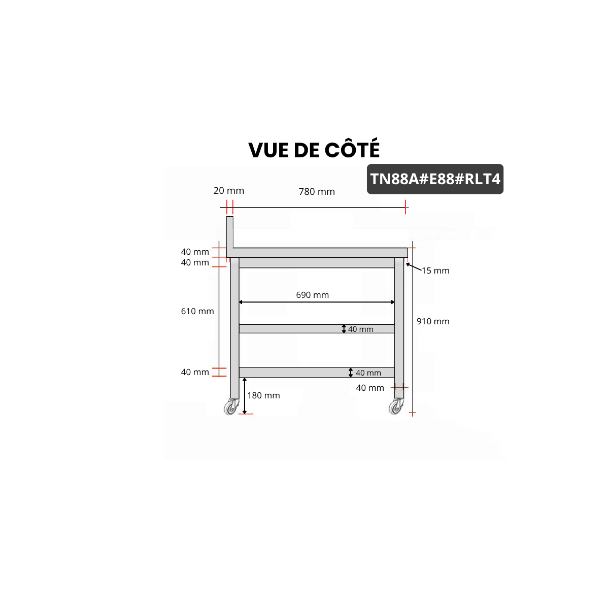 Table inox 800 x 800 mm adossée avec 2 étagères sur roulettes / GOLDINOX