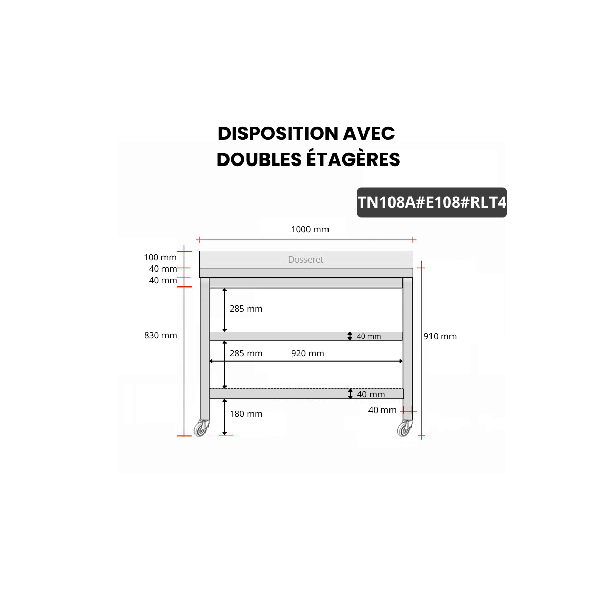 Table inox 1000 x 800 mm adossée avec 2 étagères sur roulettes / GOLDINOX