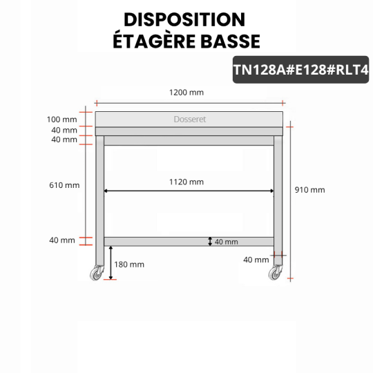 Table inox 1200 x 800 mm adossée avec 2 étagères sur roulettes / GOLDINOX