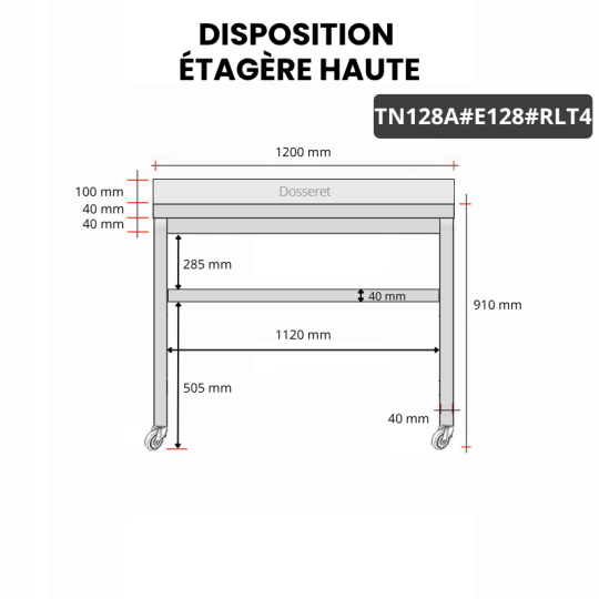 Table inox 1200 x 800 mm adossée avec 2 étagères sur roulettes / GOLDINOX